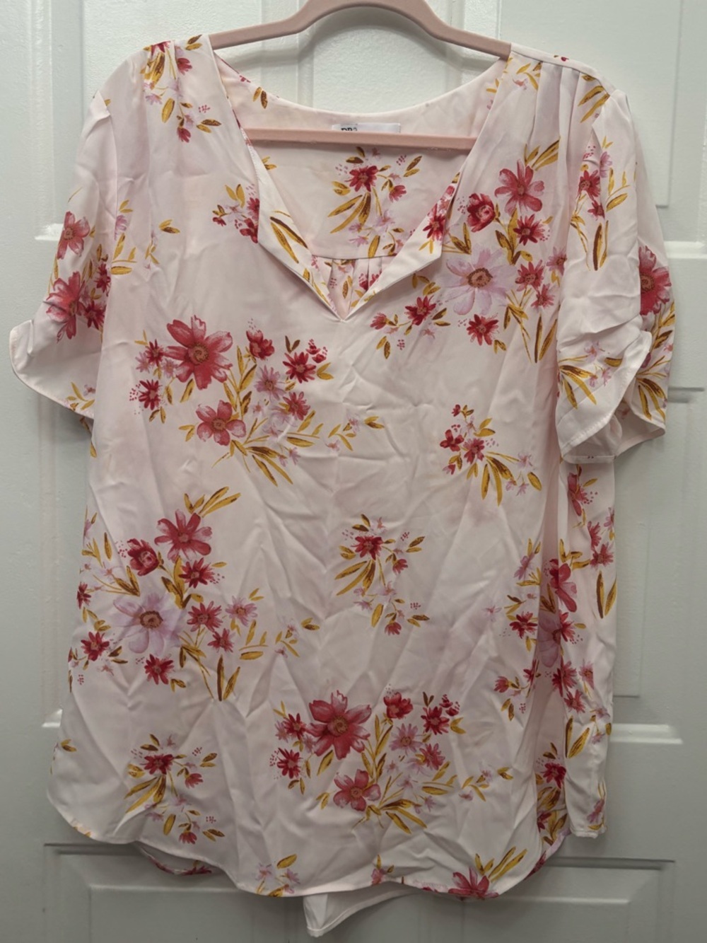 DR2 Pink Floral V-Neck Blouse with Yellow Accents
